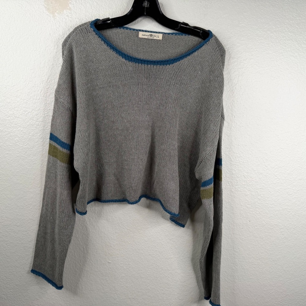 Natural Life Women's Sweater Gray Sz L Cropped Oversized Long Sleeve Boxy Boho